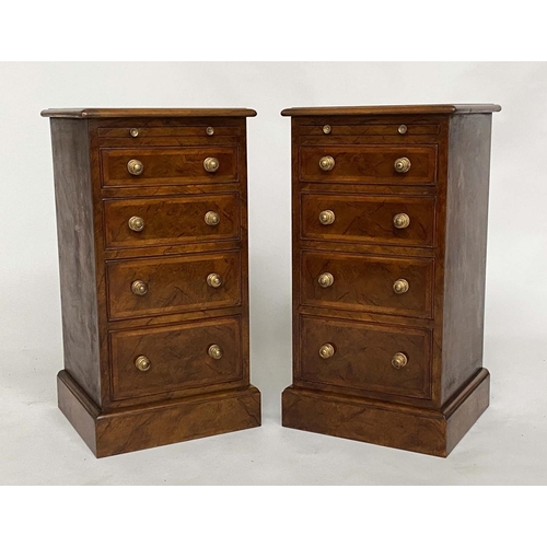 188 - BEDSIDE CHESTS, a pair, George III design burr walnut and crossbanded each with brushing slide and f... 