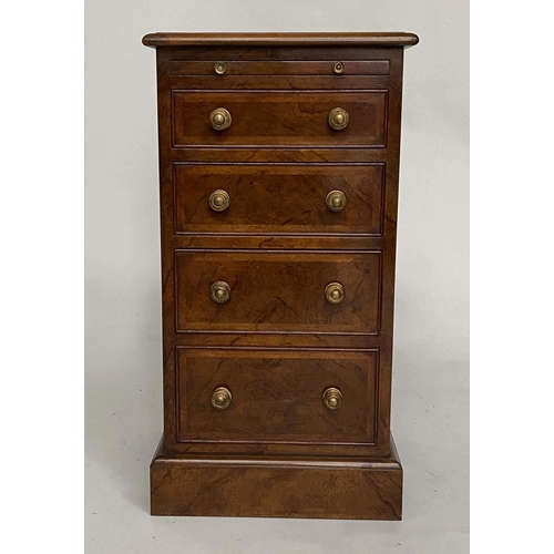 188 - BEDSIDE CHESTS, a pair, George III design burr walnut and crossbanded each with brushing slide and f... 