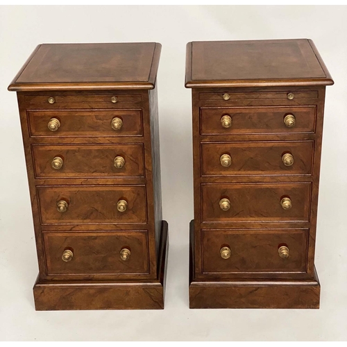 188 - BEDSIDE CHESTS, a pair, George III design burr walnut and crossbanded each with brushing slide and f... 