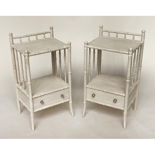 181 - FAUX BAMBOO LAMP TABLES, a pair, grey painted faux bamboo each two tiers with drawer, 39cm W x 30cm ... 