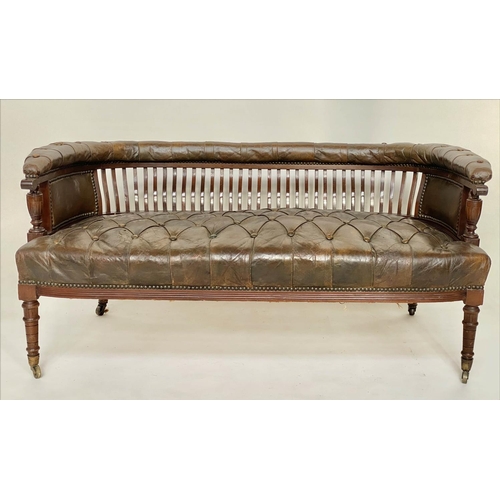 182 - HALL BENCH, 19th century country house walnut with buttoned tan leather upholstered seat and arms, s... 