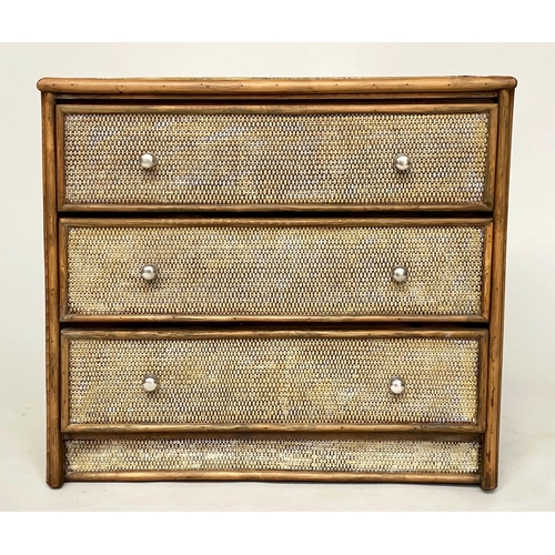 183 - BAMBOO CHEST, wicker panelled and cane bound with three long drawers, 79cm x 46cm x 72cm H.