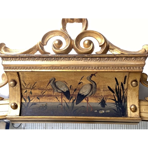147 - OVERMANTEL MIRROR, 19th century carved giltwood, Aesthetic influence, arched gilded and painted pane... 