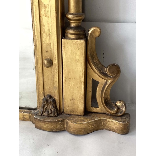 147 - OVERMANTEL MIRROR, 19th century carved giltwood, Aesthetic influence, arched gilded and painted pane... 