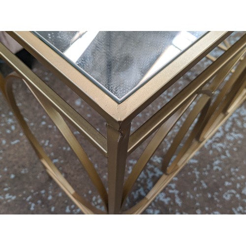 501 - CONSOLE TABLE, 90cm x 35cm x 78cm, 1960's French style, gilt metal, mirrored top.