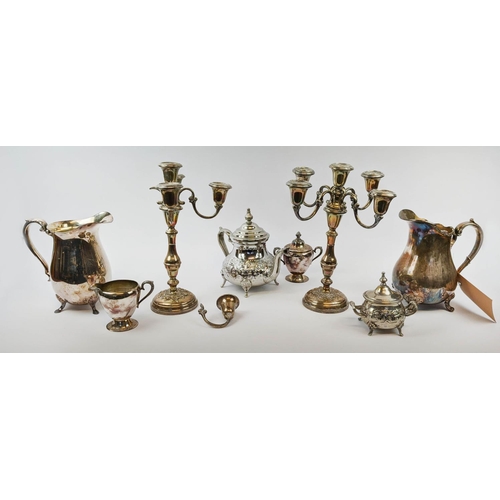 10 - COLLECTION OF SILVER PLATED WARE, comprising pair of candelabrum, part tea set, including teapot, wa... 