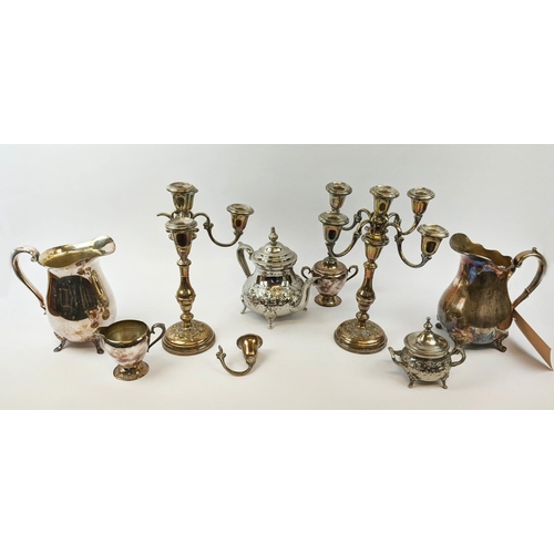 10 - COLLECTION OF SILVER PLATED WARE, comprising pair of candelabrum, part tea set, including teapot, wa... 