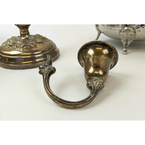 10 - COLLECTION OF SILVER PLATED WARE, comprising pair of candelabrum, part tea set, including teapot, wa... 