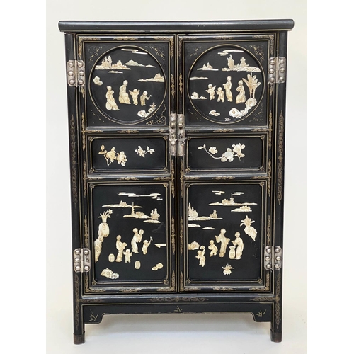 100 - CHINESE SIDE CABINET, early 20th century lacquered and mother and pearl and bone mounted with two pa... 