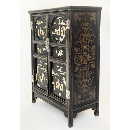 100 - CHINESE SIDE CABINET, early 20th century lacquered and mother and pearl and bone mounted with two pa... 