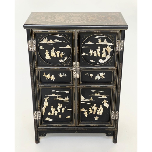 100 - CHINESE SIDE CABINET, early 20th century lacquered and mother and pearl and bone mounted with two pa... 