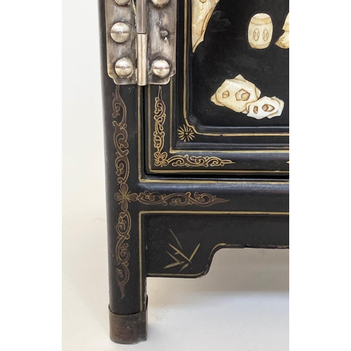 100 - CHINESE SIDE CABINET, early 20th century lacquered and mother and pearl and bone mounted with two pa... 