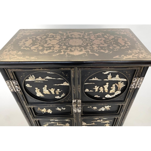 100 - CHINESE SIDE CABINET, early 20th century lacquered and mother and pearl and bone mounted with two pa... 