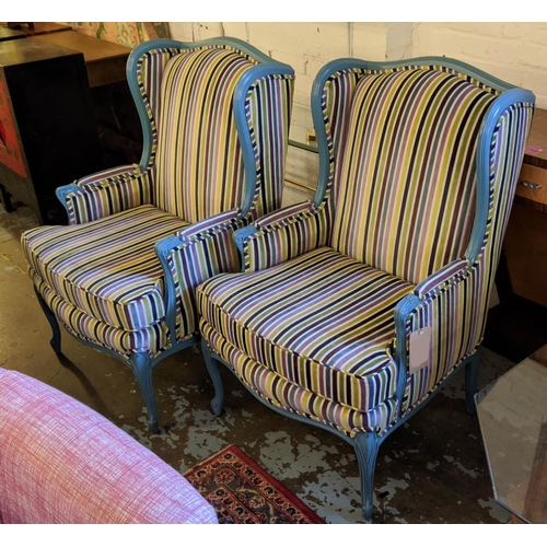 131 - BERGERES, 108cm H x 71cm W, a pair, Louis XV style blue painted with multicoloured striped upholster... 