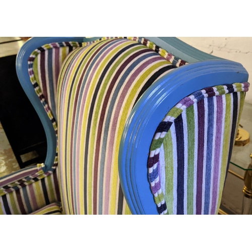 131 - BERGERES, 108cm H x 71cm W, a pair, Louis XV style blue painted with multicoloured striped upholster... 