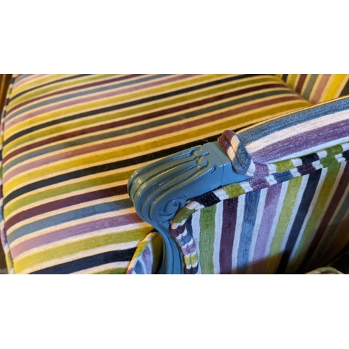 131 - BERGERES, 108cm H x 71cm W, a pair, Louis XV style blue painted with multicoloured striped upholster... 