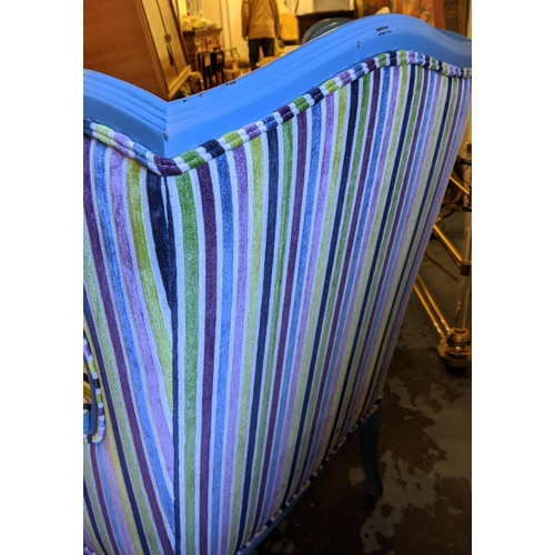 131 - BERGERES, 108cm H x 71cm W, a pair, Louis XV style blue painted with multicoloured striped upholster... 