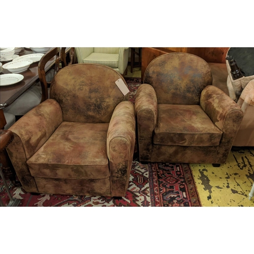 133 - ARMCHAIRS, pair, in the Art Deco style, brown leather, 80cm H x 80cm W x 85cm D. (2)