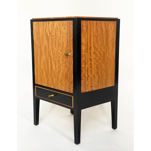 239 - BEDSIDE CABINETS, a pair, 1960s satinwood and ebonised each with panelled door and drawer by 'Loughb... 