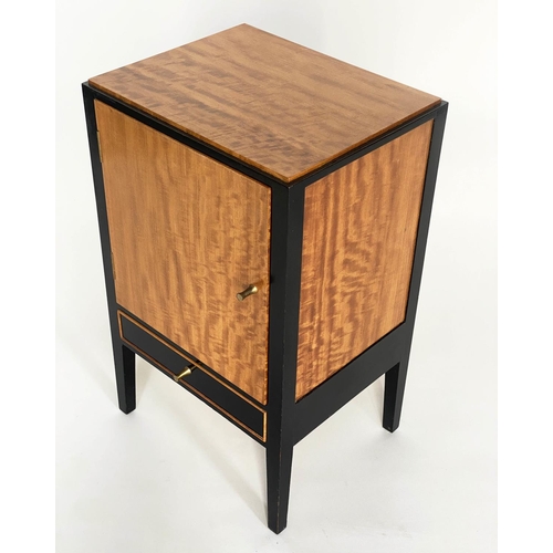 239 - BEDSIDE CABINETS, a pair, 1960s satinwood and ebonised each with panelled door and drawer by 'Loughb... 