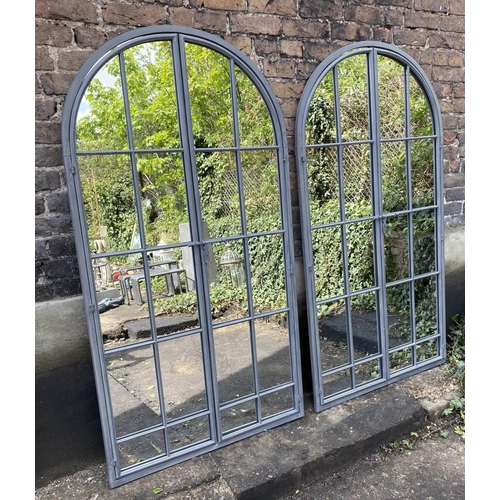 246 - ARCHITECTURAL GARDEN MIRRORS, a pair, 170cm H x 90cm W, gated design. (2)