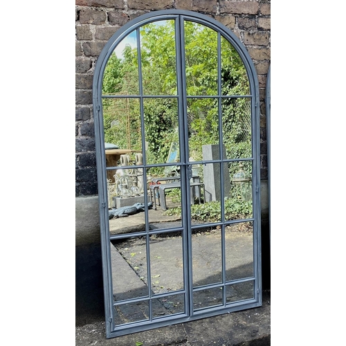 246 - ARCHITECTURAL GARDEN MIRRORS, a pair, 170cm H x 90cm W, gated design. (2)