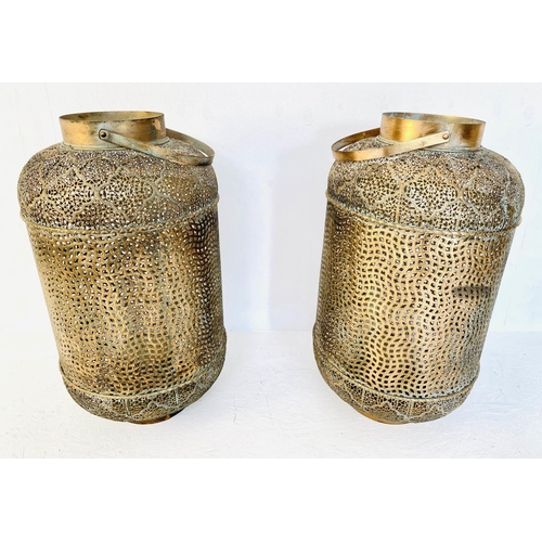 247 - STORM LANTERNS, a pair, 70cm H x 35cm W, oriental style design, gilt metal with pierced detail. (2)