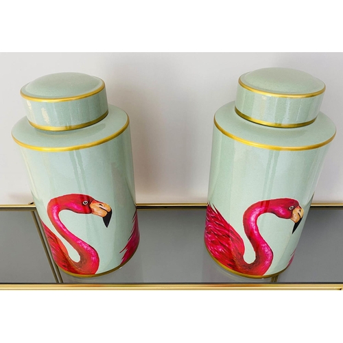 252 - GINGER JARS, pair, 40cm high, 20cm diameter, glazed ceramic, flamingo design. (2)