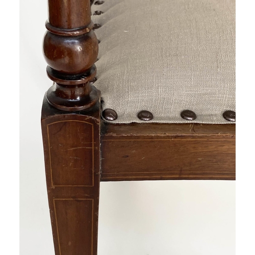 86 - HALL SEAT, early 20th century secessionist style mahogany and inlaid with enclosed pierced back and ... 