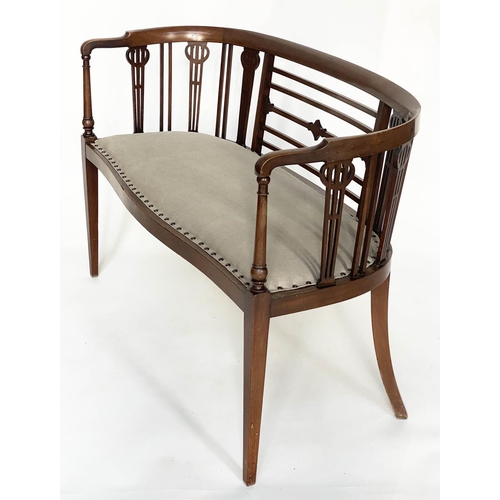 86 - HALL SEAT, early 20th century secessionist style mahogany and inlaid with enclosed pierced back and ... 