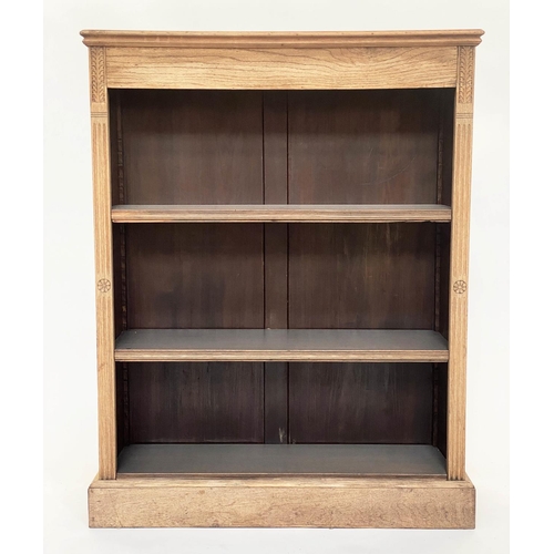 87 - OPEN BOOKCASE, late 19th century oak and carved with three adjustable shelves, 87cm W x 112cm H x 30... 