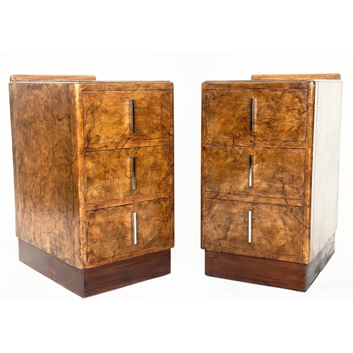 93 - ART DECO CHESTS, a pair, burr walnut each with three drawers and chrome handles, 36cm W x 48cm D x 6... 