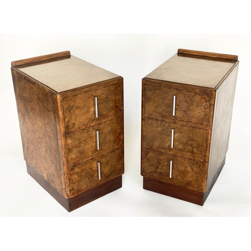 93 - ART DECO CHESTS, a pair, burr walnut each with three drawers and chrome handles, 36cm W x 48cm D x 6... 