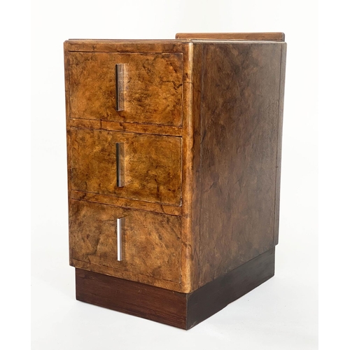 93 - ART DECO CHESTS, a pair, burr walnut each with three drawers and chrome handles, 36cm W x 48cm D x 6... 