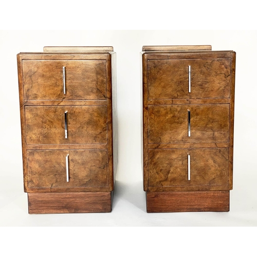 93 - ART DECO CHESTS, a pair, burr walnut each with three drawers and chrome handles, 36cm W x 48cm D x 6... 