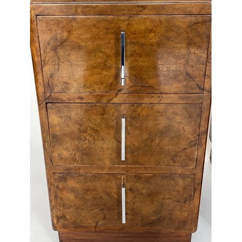 93 - ART DECO CHESTS, a pair, burr walnut each with three drawers and chrome handles, 36cm W x 48cm D x 6... 