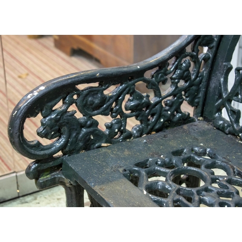 155 - GARDEN BENCH, 100cm H x 117cm W, Coalbrookdale style painted cast iron.