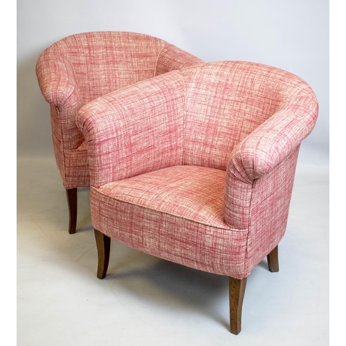 156 - TUB CHAIRS, 78cm H x 79cm W, a pair, mid 20th century oak in new pink fabric. (2)