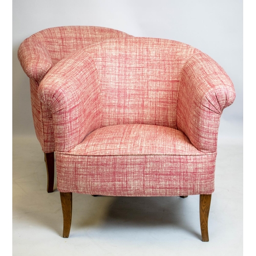 156 - TUB CHAIRS, 78cm H x 79cm W, a pair, mid 20th century oak in new pink fabric. (2)