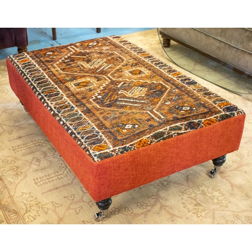 158 - HEARTH STOOL, 35cm H x 110cm W x 72cm D, Baluch carpet and red chenille upholstered on chrome castor... 