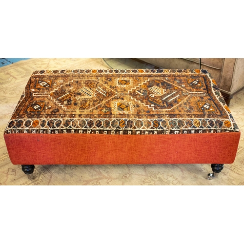 158 - HEARTH STOOL, 35cm H x 110cm W x 72cm D, Baluch carpet and red chenille upholstered on chrome castor... 