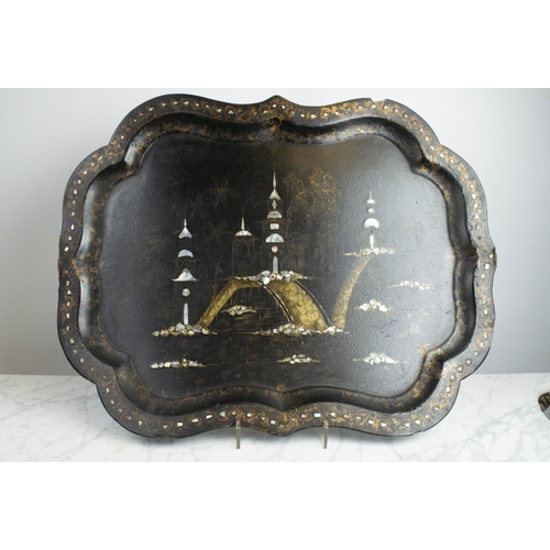 20 - VICTORIAN JAPANNED LACQUER TRAY, pagoda scene, with mother of pearl inlay, 77cm L x 58cm W.