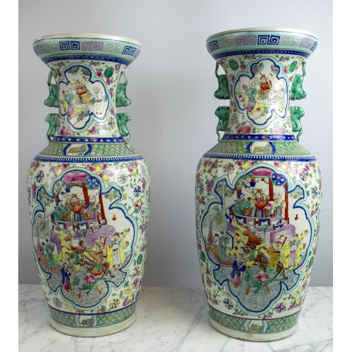 22 - CHINESE FAMILLE VERTE VASES, a pair, 20th century enamel decoration with figural cartouche, 60cm H. ... 