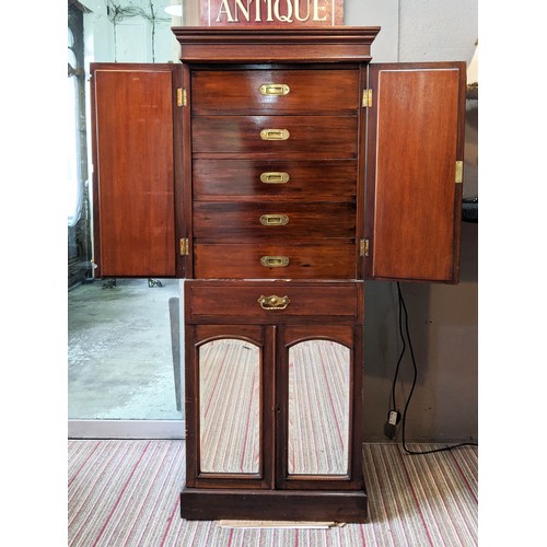 228 - COLLECTORS SECRETAIRE CABINET, Edwardian mahogany, fitted mirrored doors enclosing five drawers, sec... 