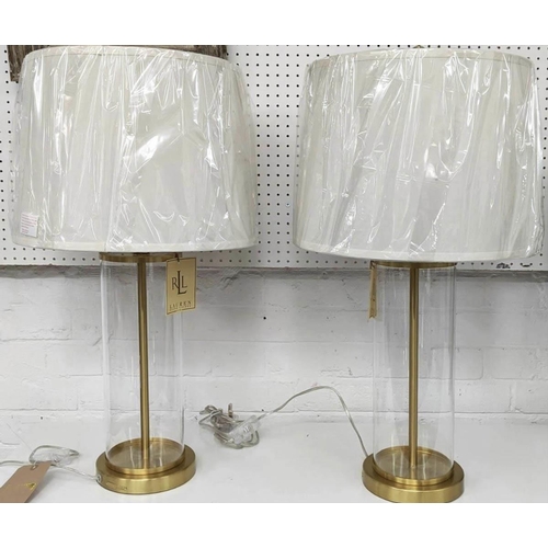 360 - LAUREN RALPH LAUREN HOME TABLE LAMPS, a pair, with shades, slender design, glass with gilt metal det... 