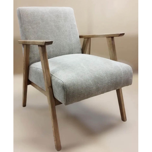 366 - ARMCHAIR, 1960s Danish style design, grey linen upholstered finish, 61cm W x 73cm D x 81.5cm H.