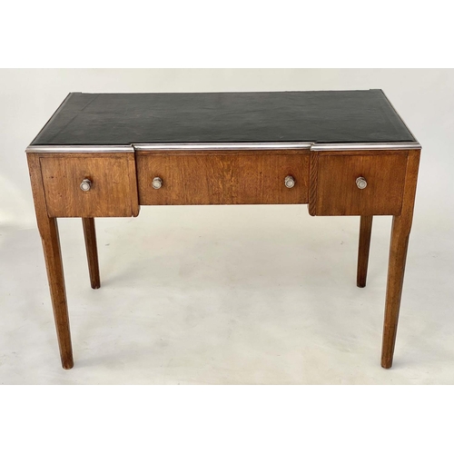 104 - ART DECO DESK BY MORRIS, 76cm H x 107cm W x 53cm D, oak and brass silvered bound, leather lined with... 