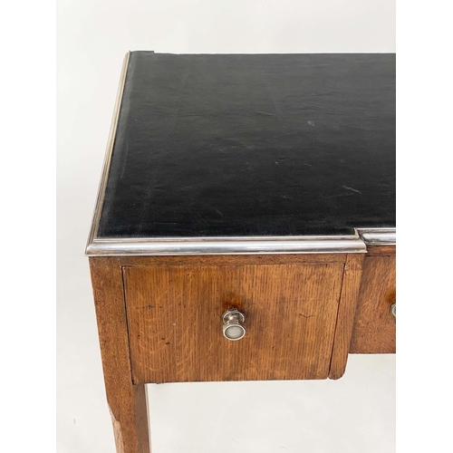 104 - ART DECO DESK BY MORRIS, 76cm H x 107cm W x 53cm D, oak and brass silvered bound, leather lined with... 