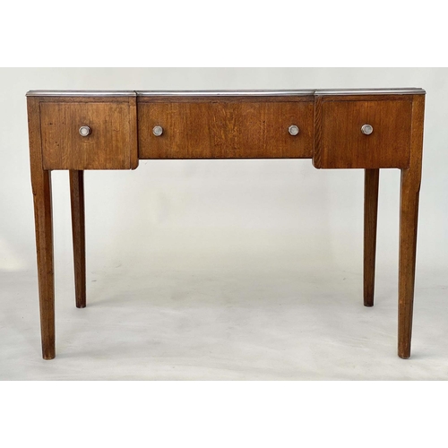 104 - ART DECO DESK BY MORRIS, 76cm H x 107cm W x 53cm D, oak and brass silvered bound, leather lined with... 