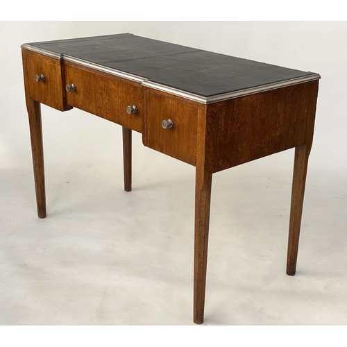 104 - ART DECO DESK BY MORRIS, 76cm H x 107cm W x 53cm D, oak and brass silvered bound, leather lined with... 